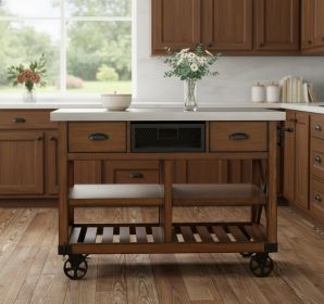 Brown And Silver 48" Rolling Kitchen Cart With Storage