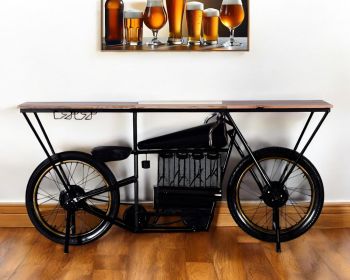 17" Black Metal and Solid Wood Motorcycle Bar Cart With Wine Storage