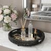 21" Matte Black Wood With Bead Mirrored Glass Bottom Round Tray
