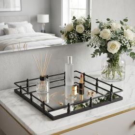 Natural Finish Metal With Mirrored Glass Bottom And Railing Handle Tray