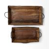 Set of Two Brown Rectangular Wood Indoor Outdoor Serving Tray With Handles