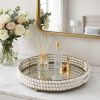 22" Antiqued Gold And White Metal Wood And Mirrored Glass Round Vanity Tray