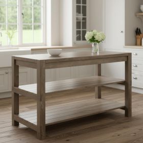 Brown Solid Wood Kitchen Island With Two Tier Smooth Counter Top