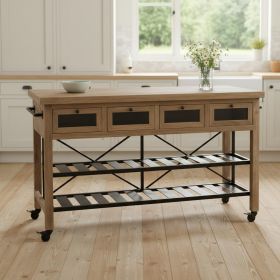 Brown Solid Wood Top Kitchen Island With Two Tier Black Metal Rolling