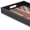 16" Black Ivory And Red Faux Leather And Wood Union Jack Serving Tray With Handles