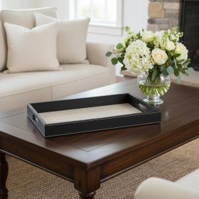 16" Black Faux Leather And Solid Wood Serving Tray