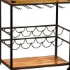 Brown and Black Metal And Solid Wood Rolling Bar Cart With Wine Storage