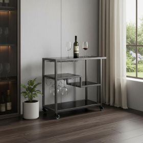 Black and Gray Glass Rolling Bar Cart With Wine Storage