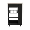 22" Natural And Black Wood Rolling Kitchen Cart With Storage