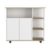 39" Oak and White Wood Rolling Kitchen Island With Storage
