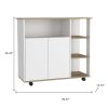 39" Oak and White Wood Rolling Kitchen Island With Storage