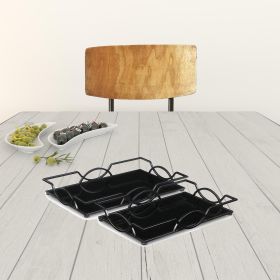 Set Of Two 20" Black Rectangular Metal and Mirror Handmade Trays