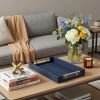 16" Navy Blue Wood Faux Shagreen Serving Tray With Handles