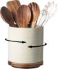 Utensil Holder, 360° Rotating Extra Large Ceramic Kitchen Utensil Holder for Countertop, 7.3" Cooking Utensil Crocks with Rotatable Wooden Base