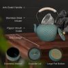 Japanese Style Cast Iron Teapot for Stove Top with Stainless Steel Infuser Loose Leaf Tetsubin Grid Design Blue Tea Kettle 40oz/1200ml