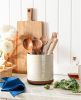 Utensil Holder, 360° Rotating Extra Large Ceramic Kitchen Utensil Holder for Countertop, 7.3" Cooking Utensil Crocks with Rotatable Wooden Base