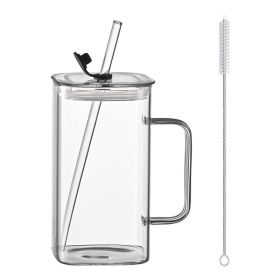 1 Pcs Transparent Glass Straw Cup, 4 Colors Square Glass Cup With Straw And Lid, High Borosilicate Glass Cup, Milk Cup, Juice Cup, Cold Drink Cup, Cof