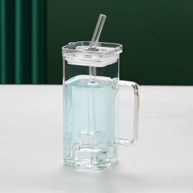1 Pcs Transparent Glass Straw Cup, 6 Colors Square Glass Cup With Straw And Lid, High Borosilicate Glass Cup, Milk Cup, Juice Cup, Cold Drink Cup, Cof (Option: Transparent)